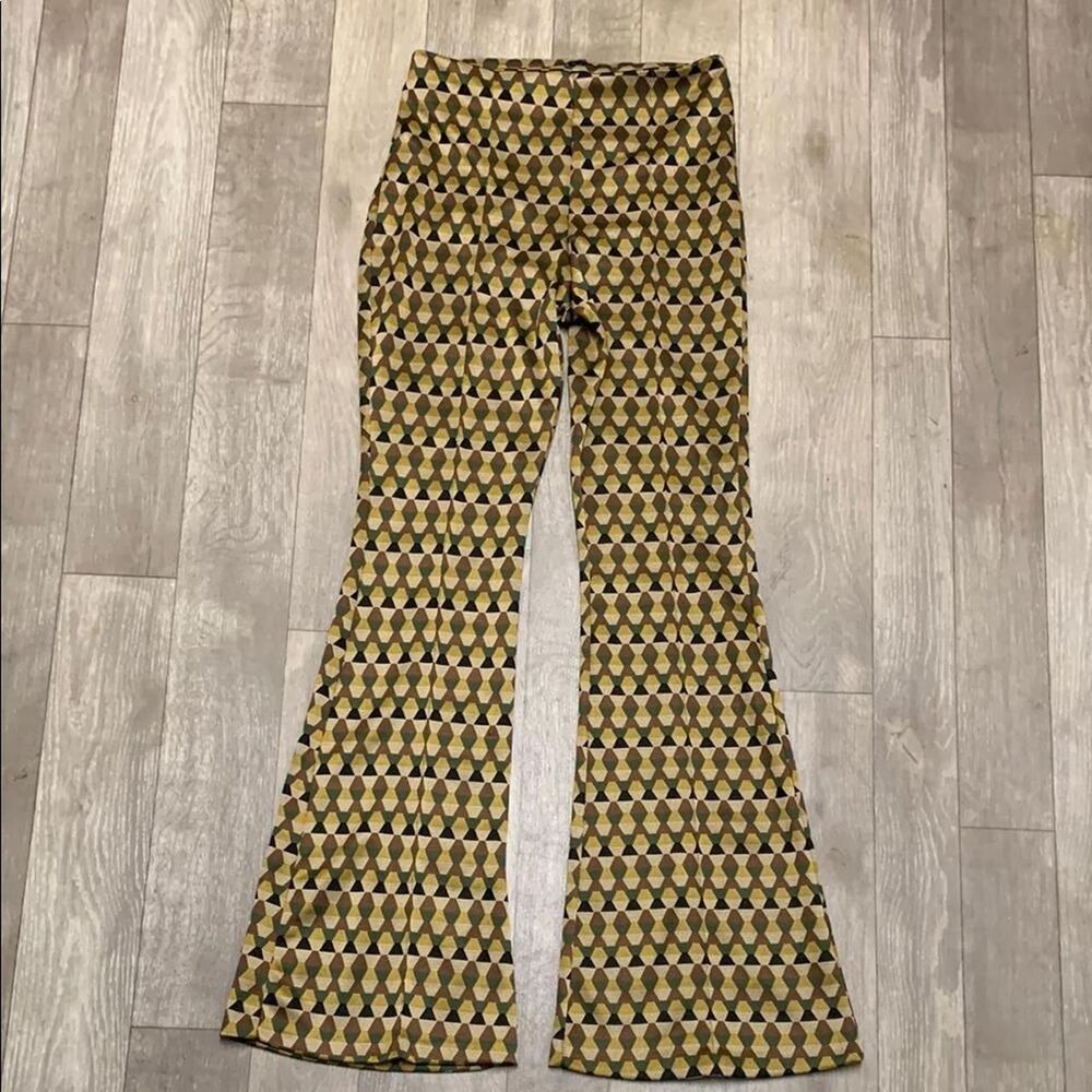 Zara 70s Geometric Print Flare Pants Brown Green High Waist Bell Bottoms L